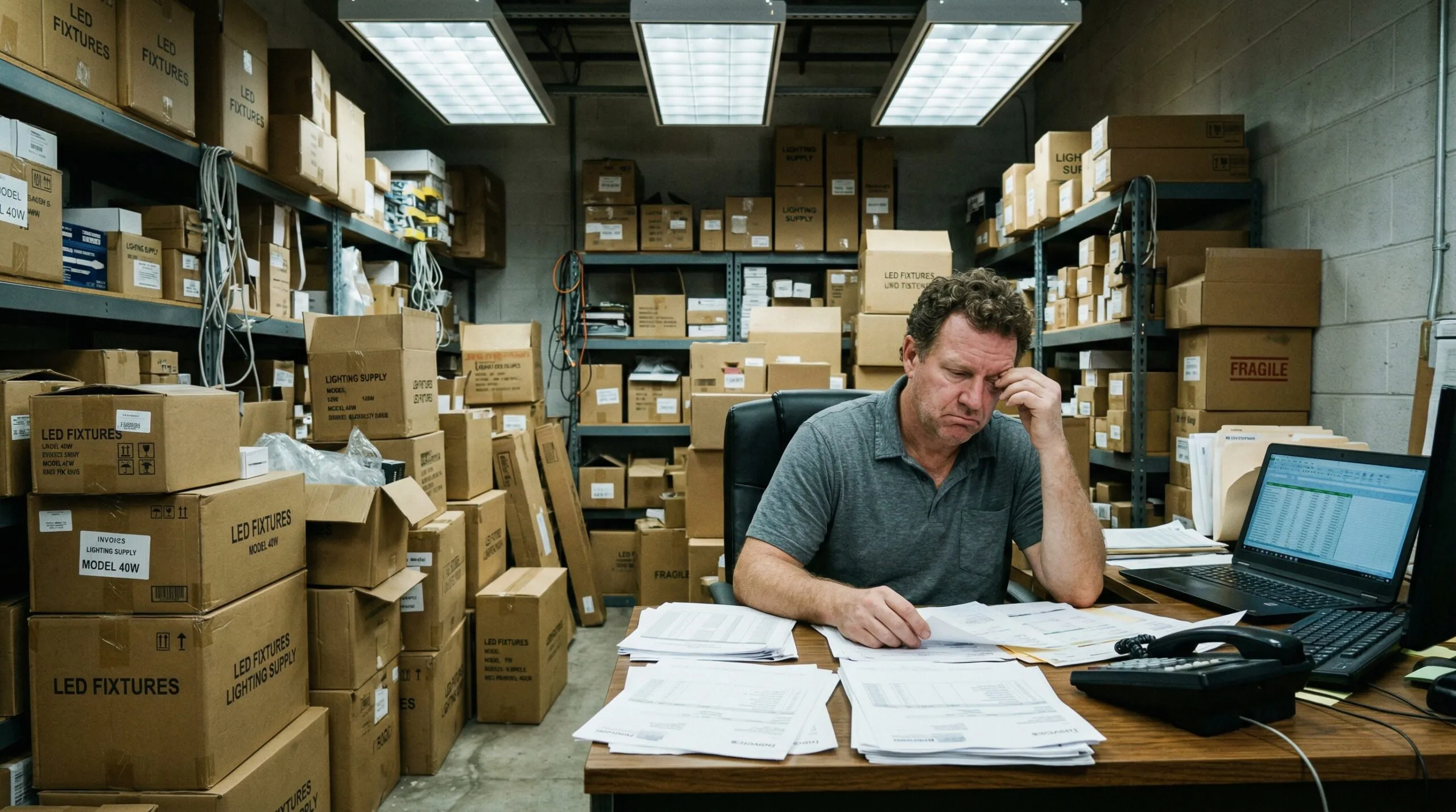 Overwhelmed business owner surrounded by excess LED fixture inventory in a cluttered warehouse