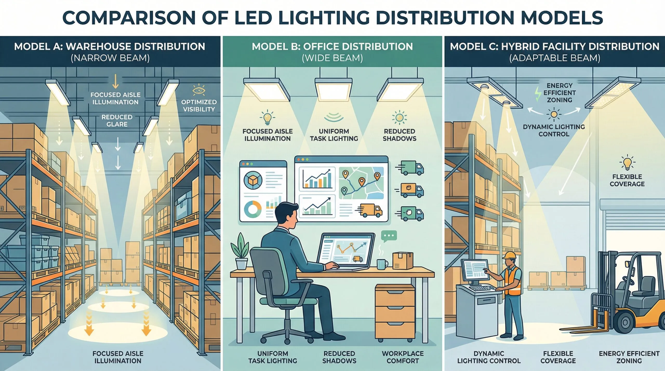 Visual comparison of three LED lighting distribution models: stocking warehouse, drop-ship logistics, and hybrid approach