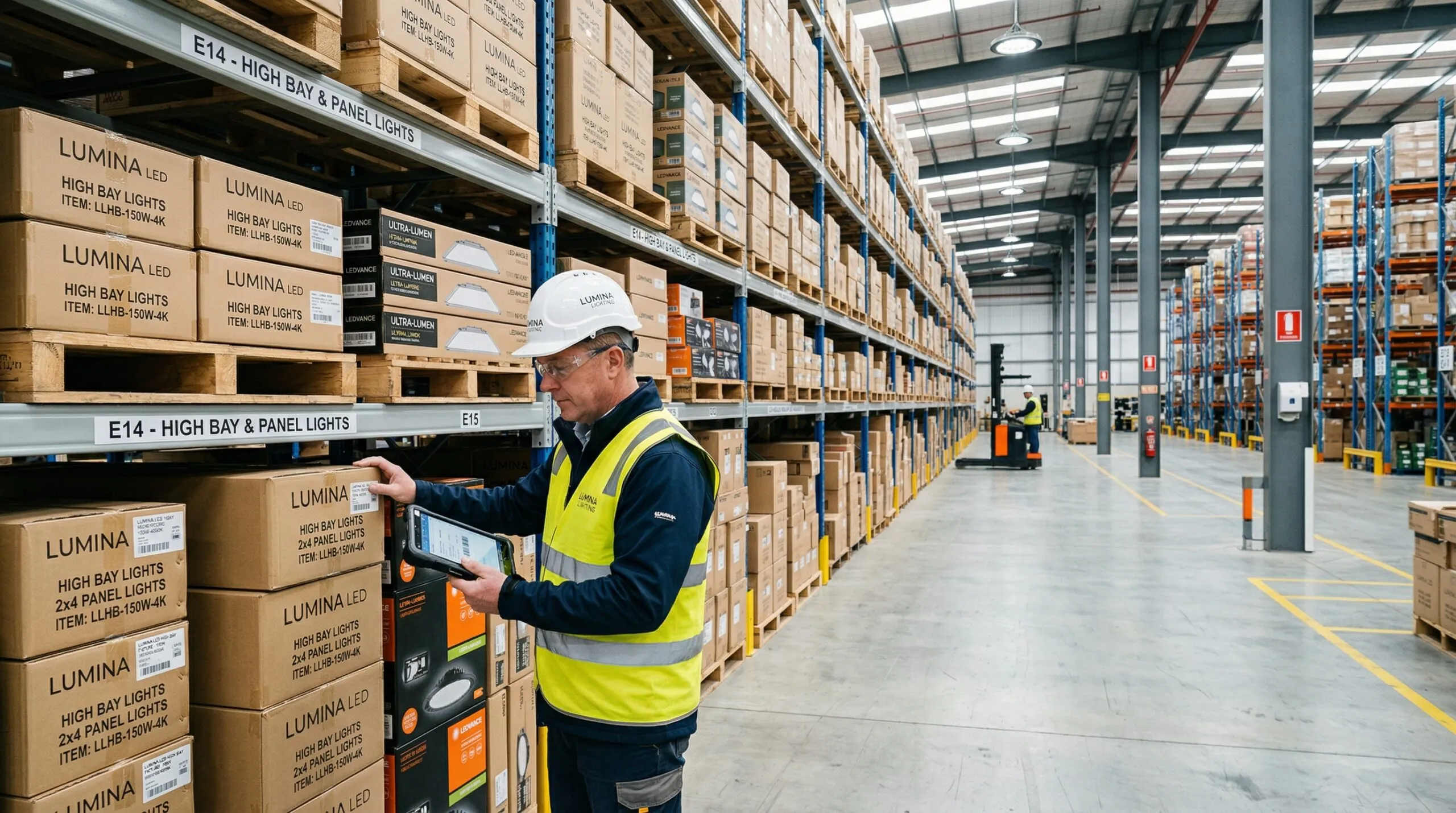 LED lighting distribution center with organized inventory of commercial fixtures