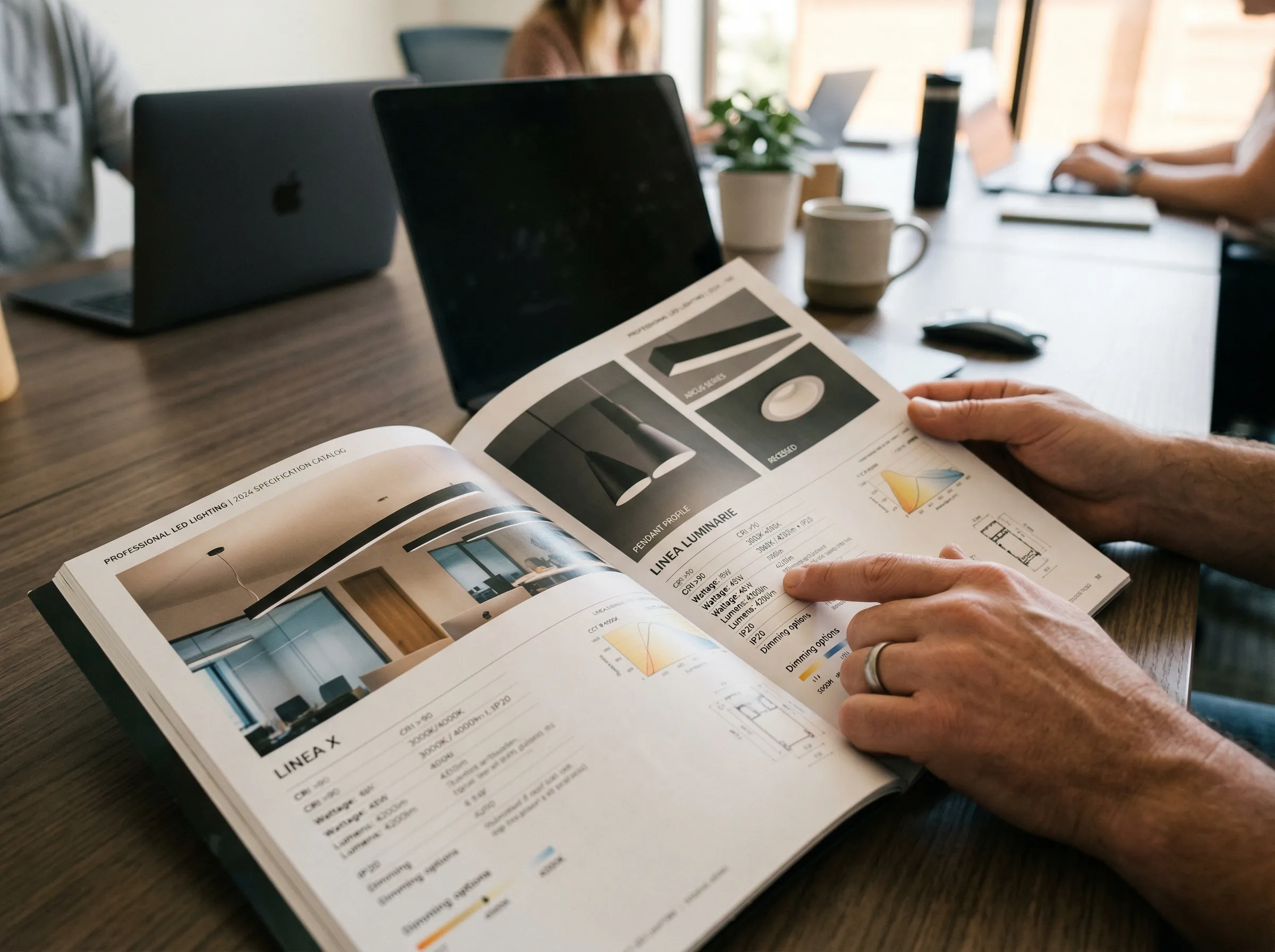 Professional reviewing LED lighting product catalog with specification sheets and fixture photos on modern desk