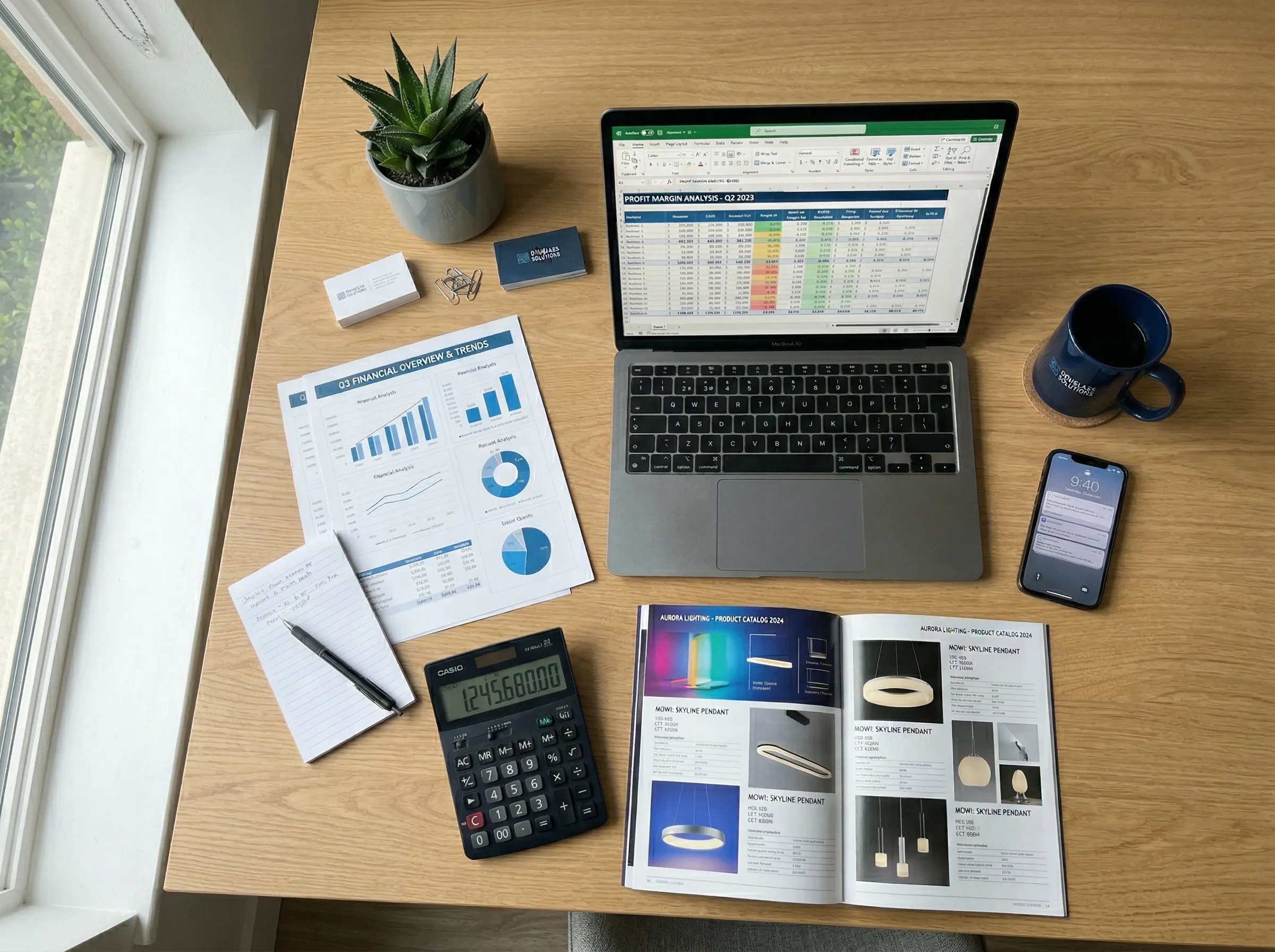Business desk with financial documents, calculator, and laptop showing LED lighting distributor profit margin analysis