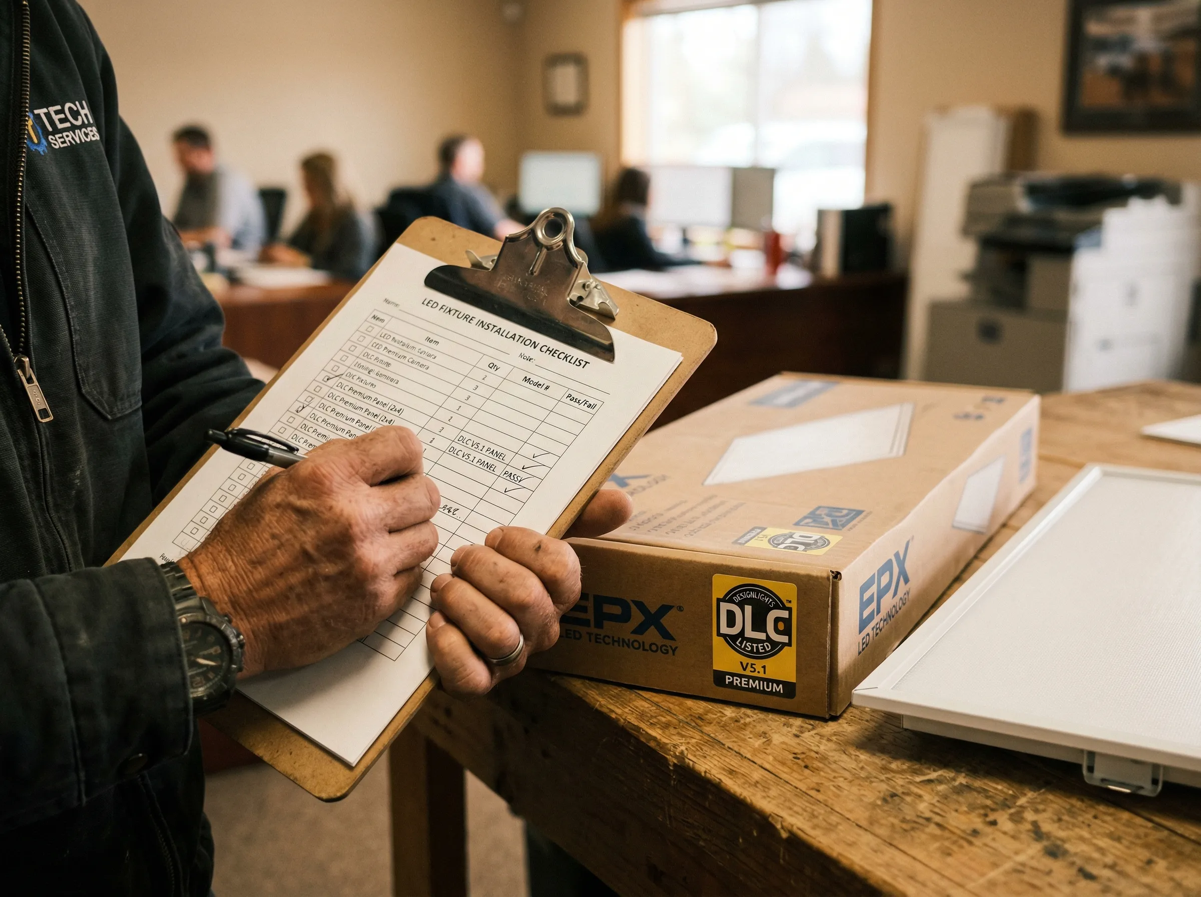 Contractor reviewing a supplier evaluation checklist next to DLC-certified LED panel lights on a table