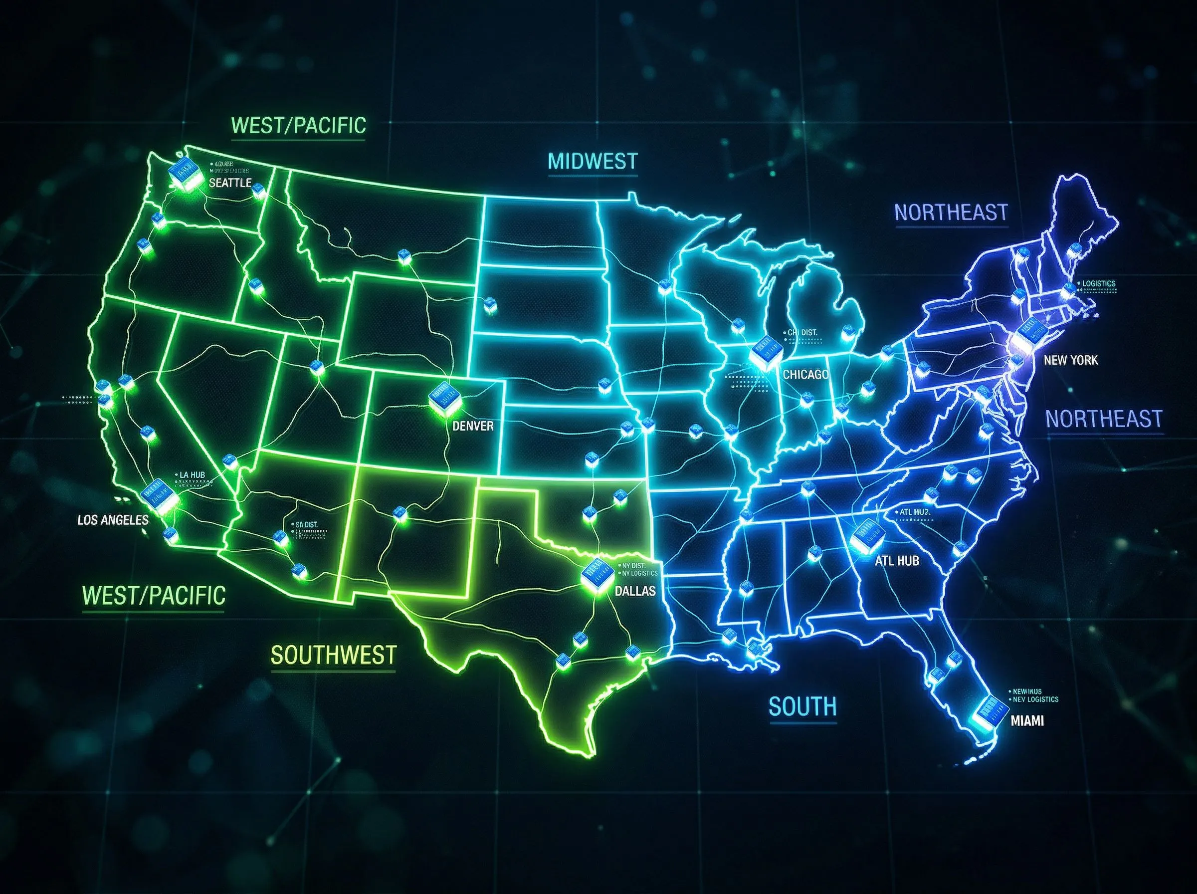 Abstract map showing defined distributor territory zones with LED lighting markers across US regions