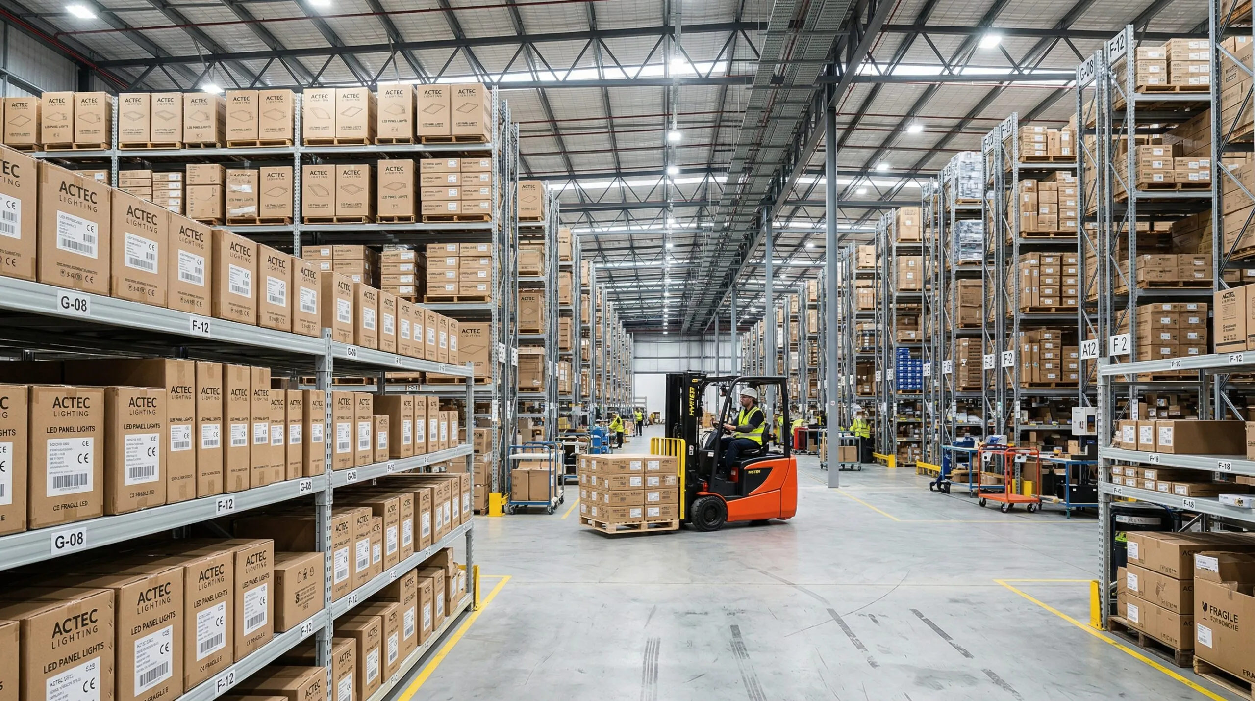 Modern LED lighting warehouse fulfillment center with rows of packaged LED fixtures on shelves and forklift in background