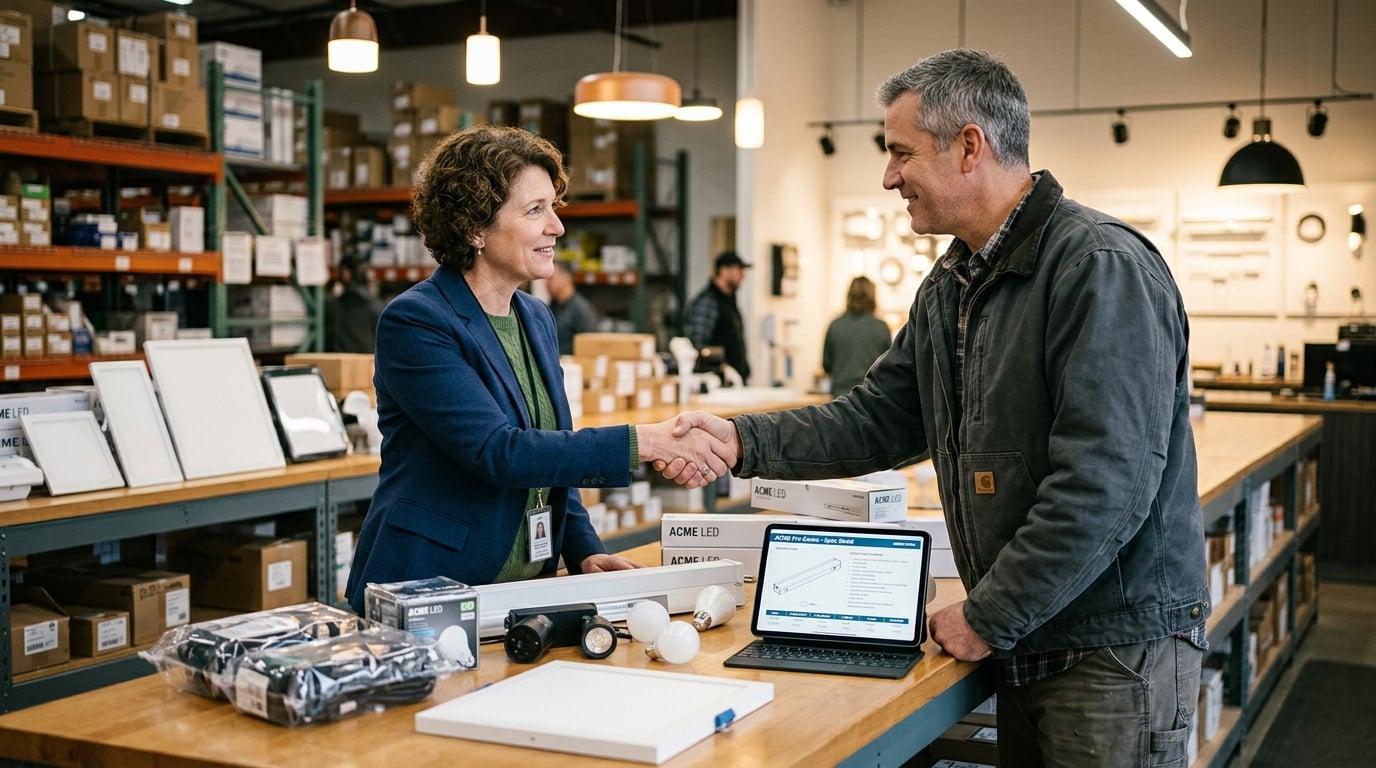 Wholesale LED lighting account manager and a contractor shaking hands at a distributor counter with product samples