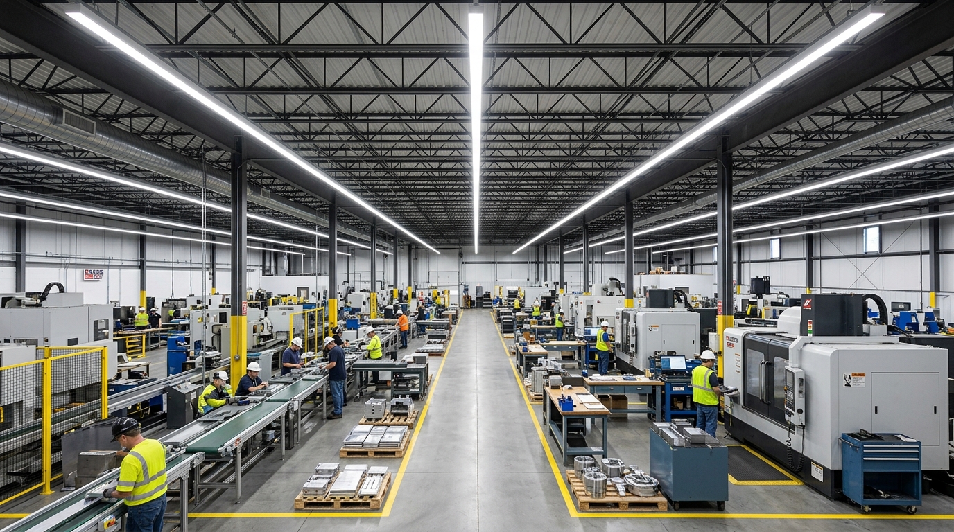 Interior of manufacturing production floor with newly installed rows of commercial LED high bay fixtures illuminating industrial workstations and assembly machinery