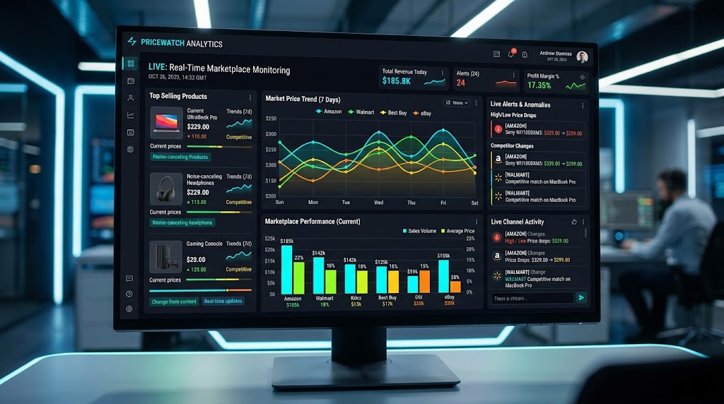 Real-time MAP monitoring dashboard showing price tracking across multiple online marketplace channels with violation alerts