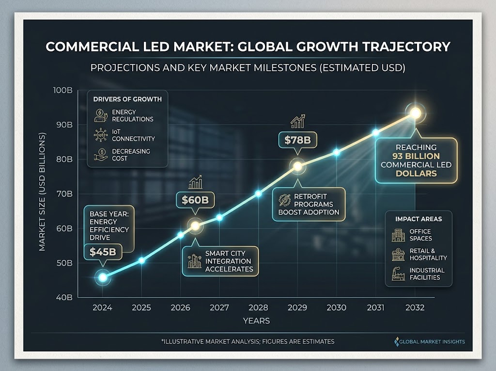 Data visualization showing commercial LED market growth trajectory reaching $93.2 billion in 2026