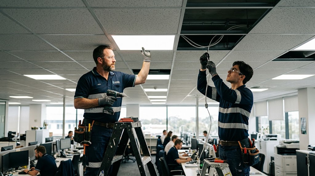 Electricians installing LED panel lights in a commercial office ceiling grid