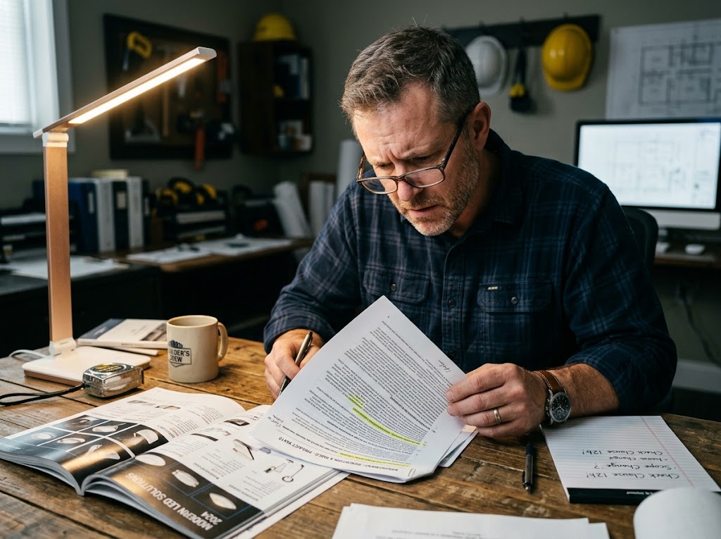 Contractor carefully reviewing distributor program contract terms and fine print