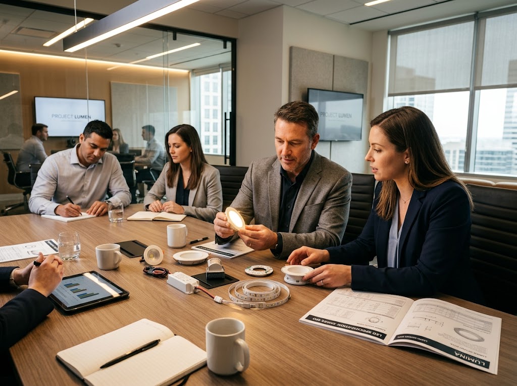 Contractor and supplier reviewing LED product samples and specifications at a business meeting