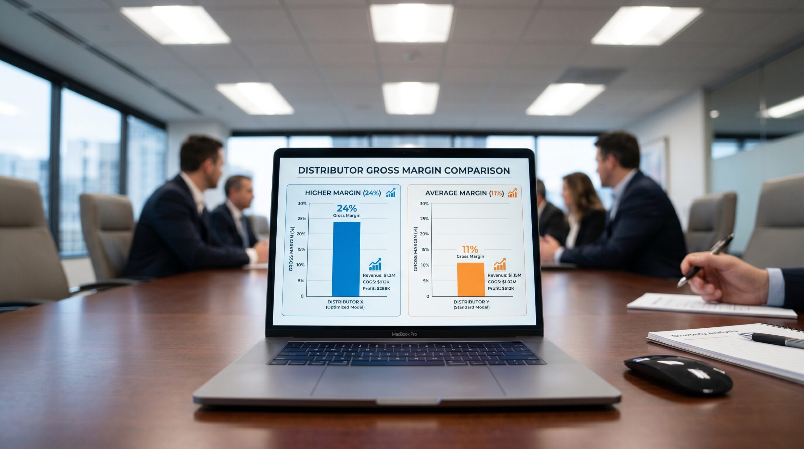 Business bar chart comparison showing 24% gross margin for exclusive territory distributor vs 11% for overlapping territory partner on identical LED high bay products