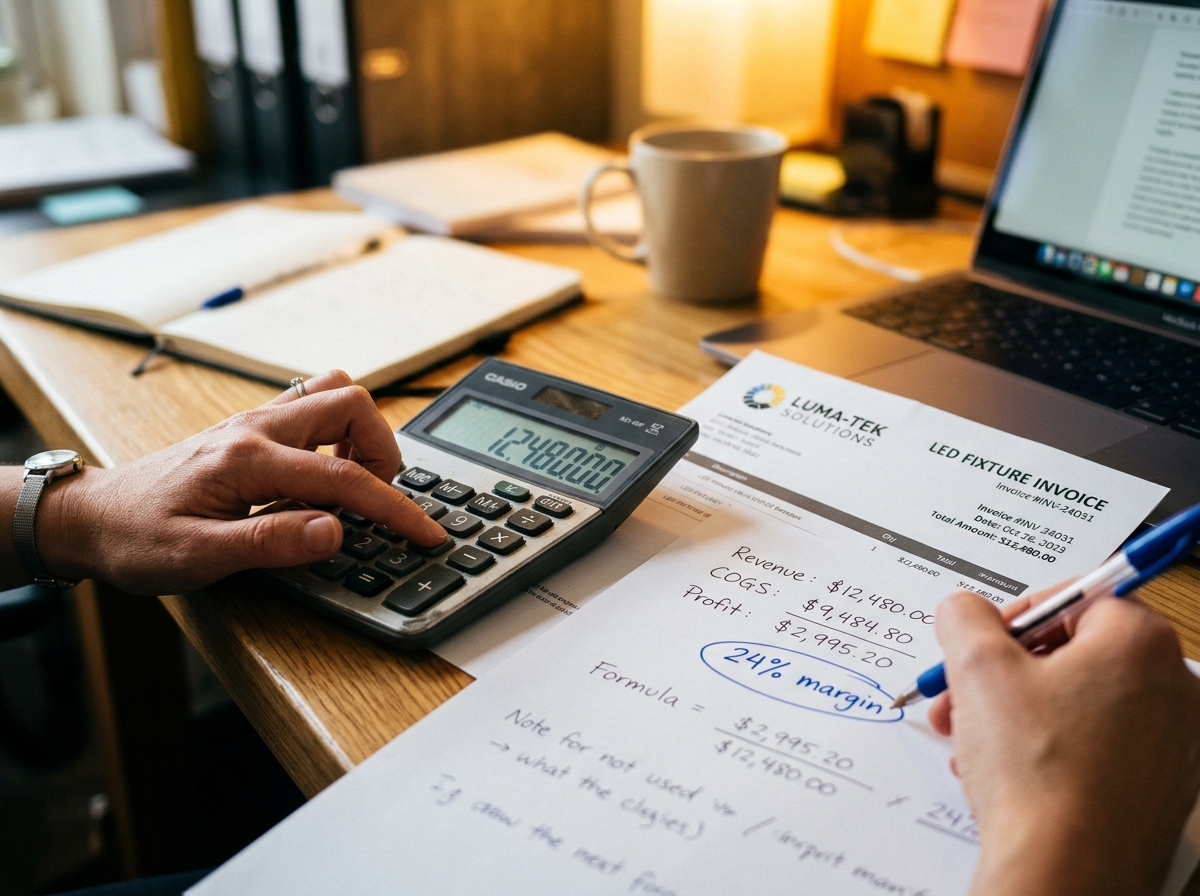 Close-up of hands using desktop calculator and highlighting 24 percent margin calculation on printed LED fixture invoice with pen