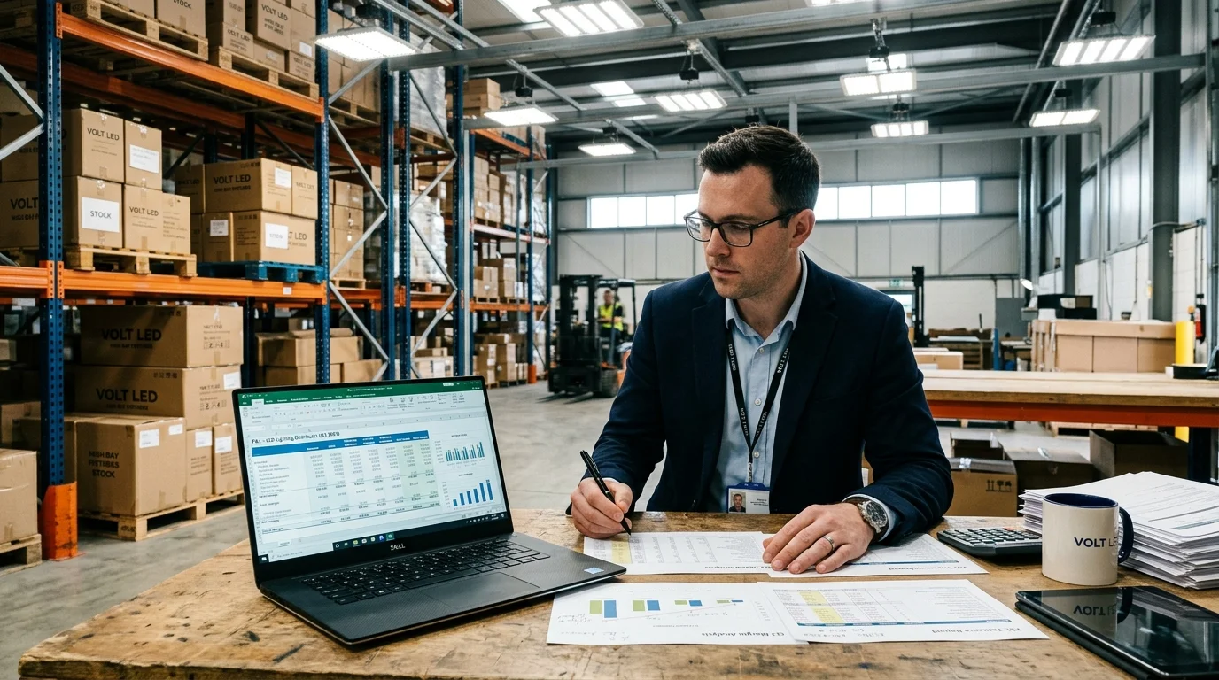 Electrical distributor reviewing LED lighting distributor profit and loss spreadsheet on laptop inside a warehouse with commercial LED high bay fixtures visible overhead