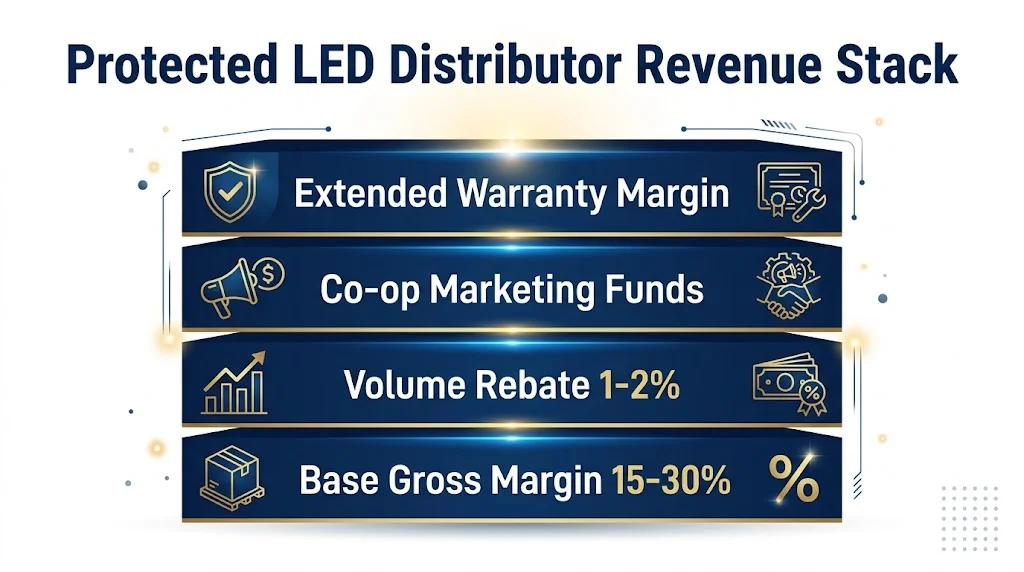 Infographic titled Protected LED Distributor Revenue Stack showing four stacked layers of base gross margin volume rebate co-op funds and extended warranty margin
