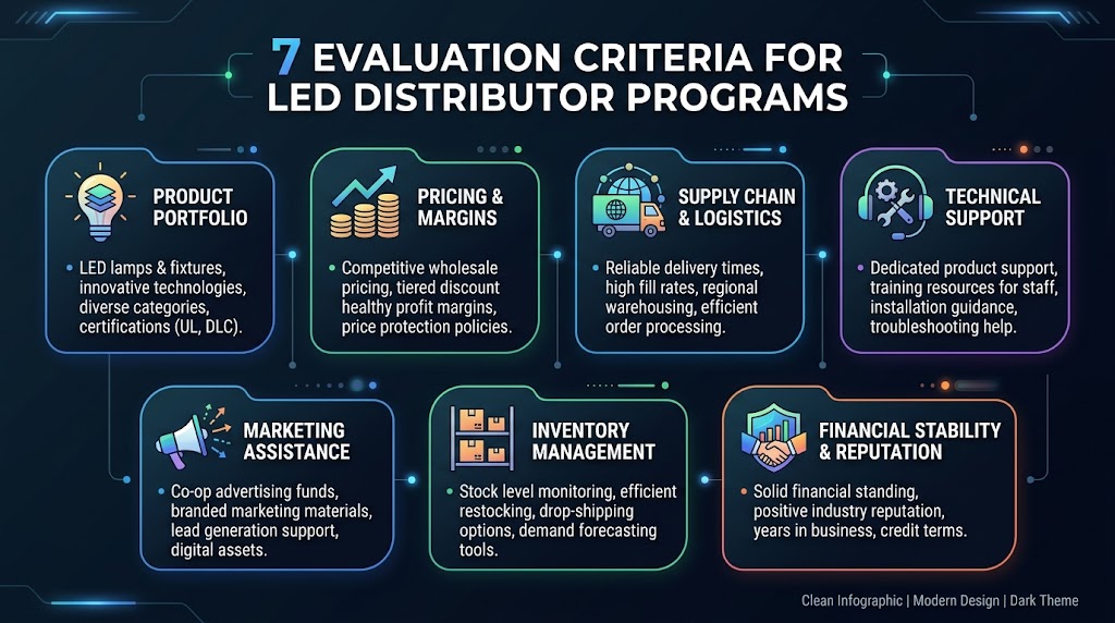 Seven evaluation criteria for LED distributor programs: MAP enforcement, territory rights, payment terms, warranty coverage, product catalog, shipping speed, and contractor support