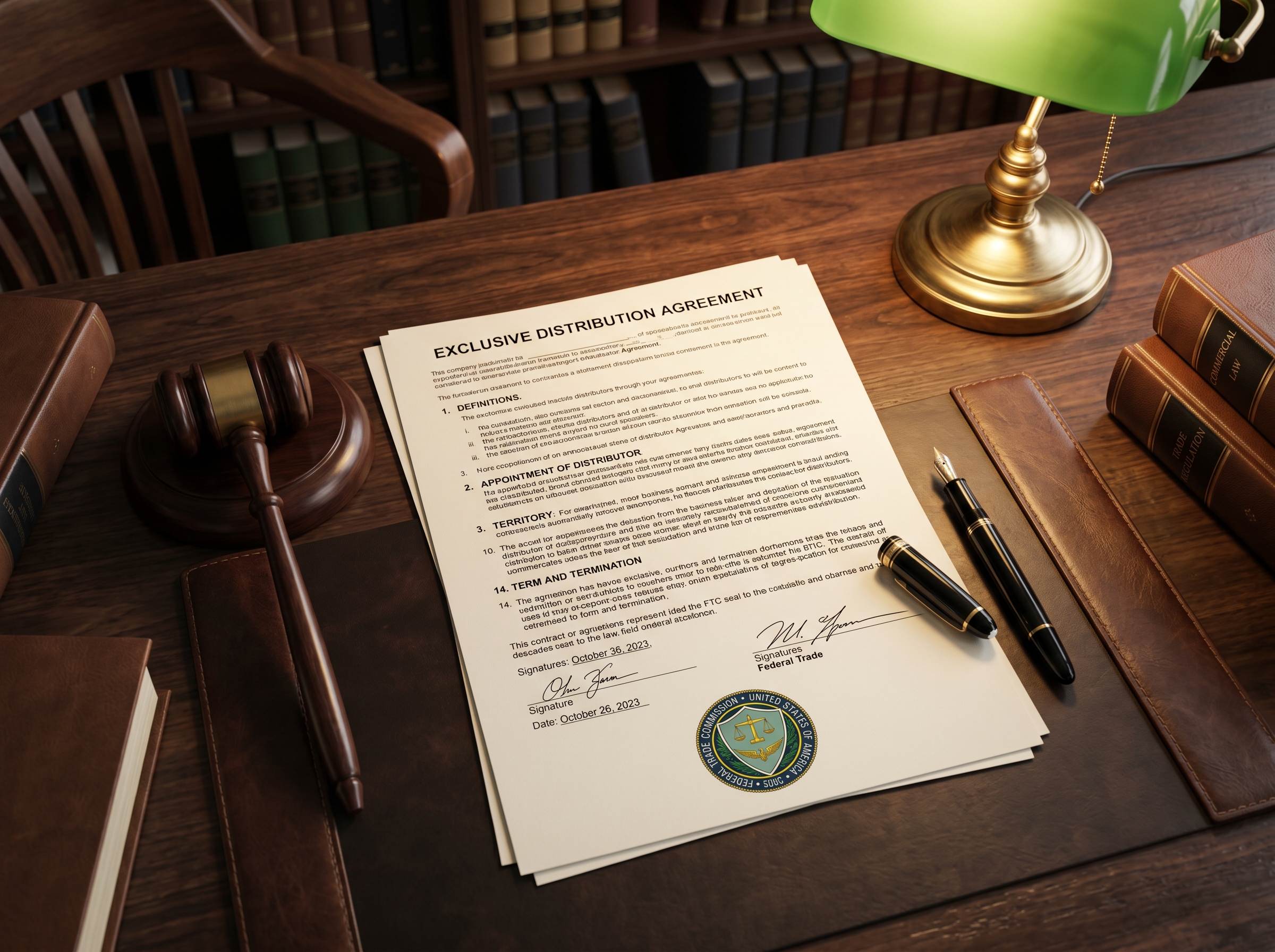 Legal document with gavel and FTC seal next to exclusive distribution agreement on wooden desk in law office
