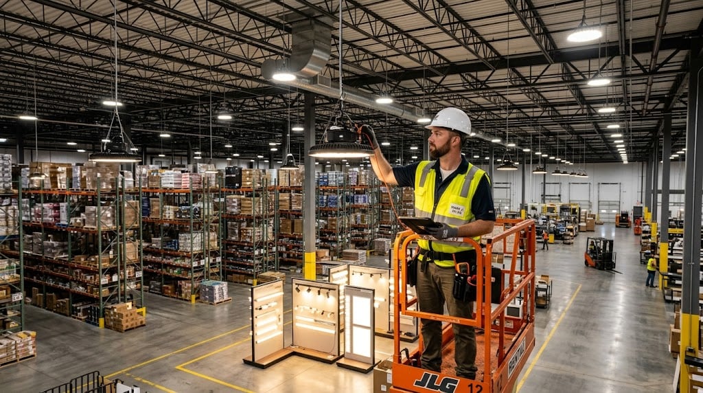 Electrical contractor examining LED high bay fixtures in a commercial warehouse lighting display
