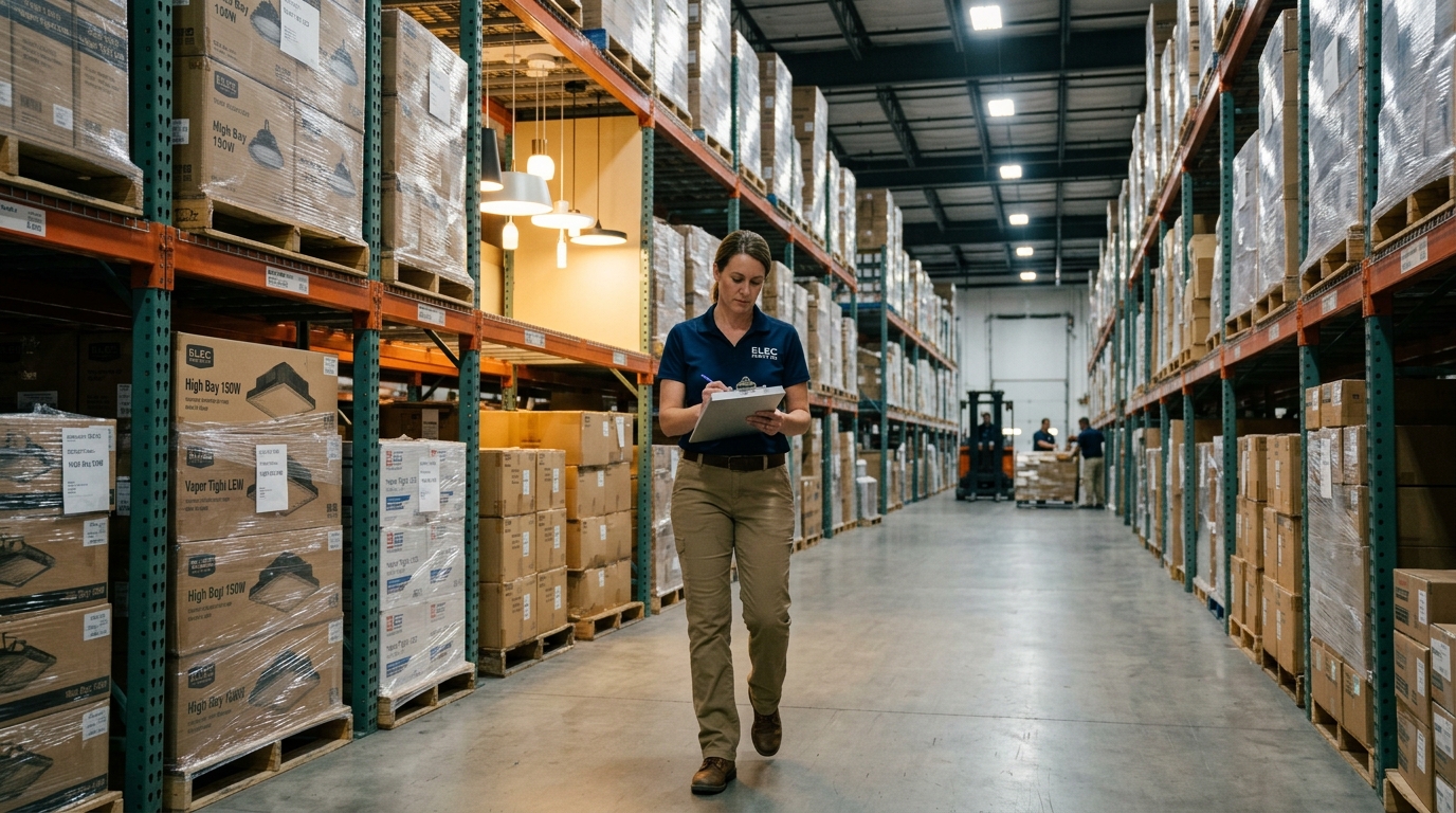 Distributor manager walking a wholesale LED lighting warehouse aisle with a verification checklist on a clipboard