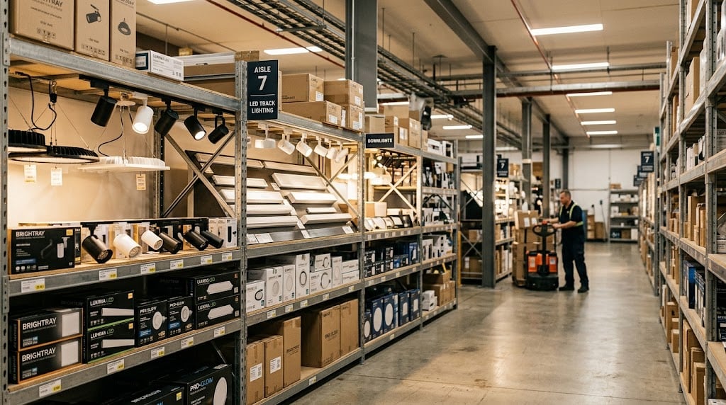 Commercial LED lighting distribution warehouse with organized fixture displays and overhead LED panel illumination