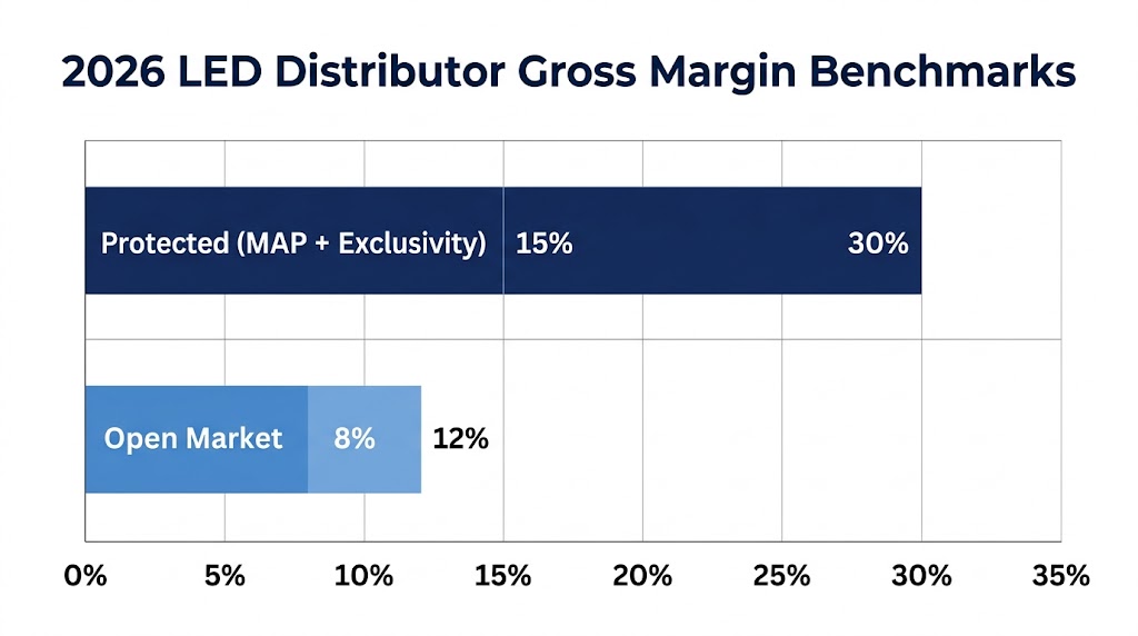 Horizontal bar chart titled 2026 LED Distributor Gross Margin Benchmarks showing protected distributors at 15 to 30 percent versus open market at 8 to 12 percent