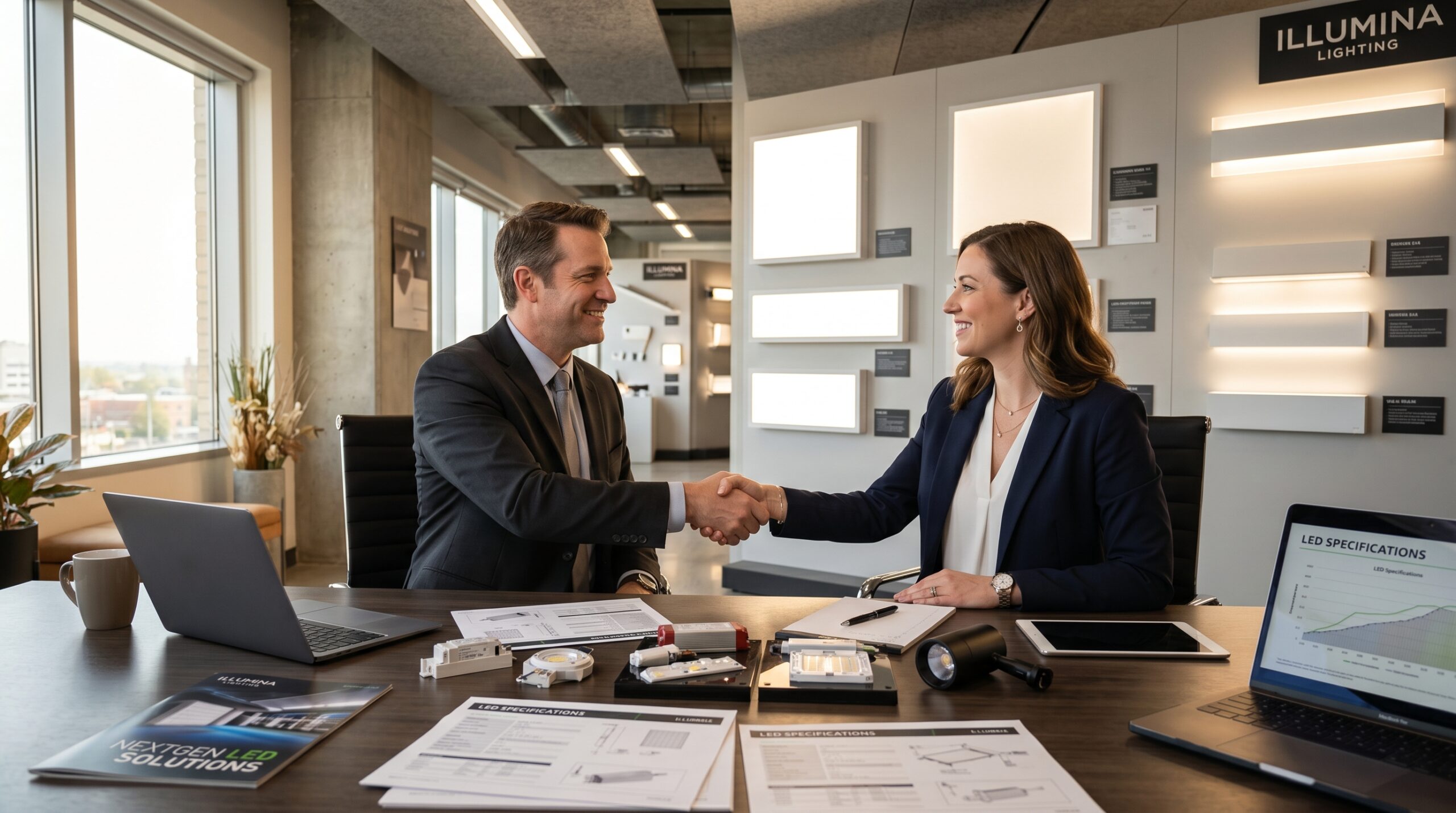 Two business professionals shaking hands over LED lighting spec sheets and product samples in modern commercial showroom with panel and troffer displays
