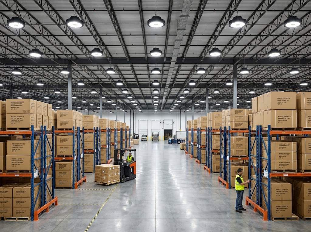 LIBULBS warehouse interior with EVERLUX UFO LED high bay fixtures and organized commercial lighting inventory