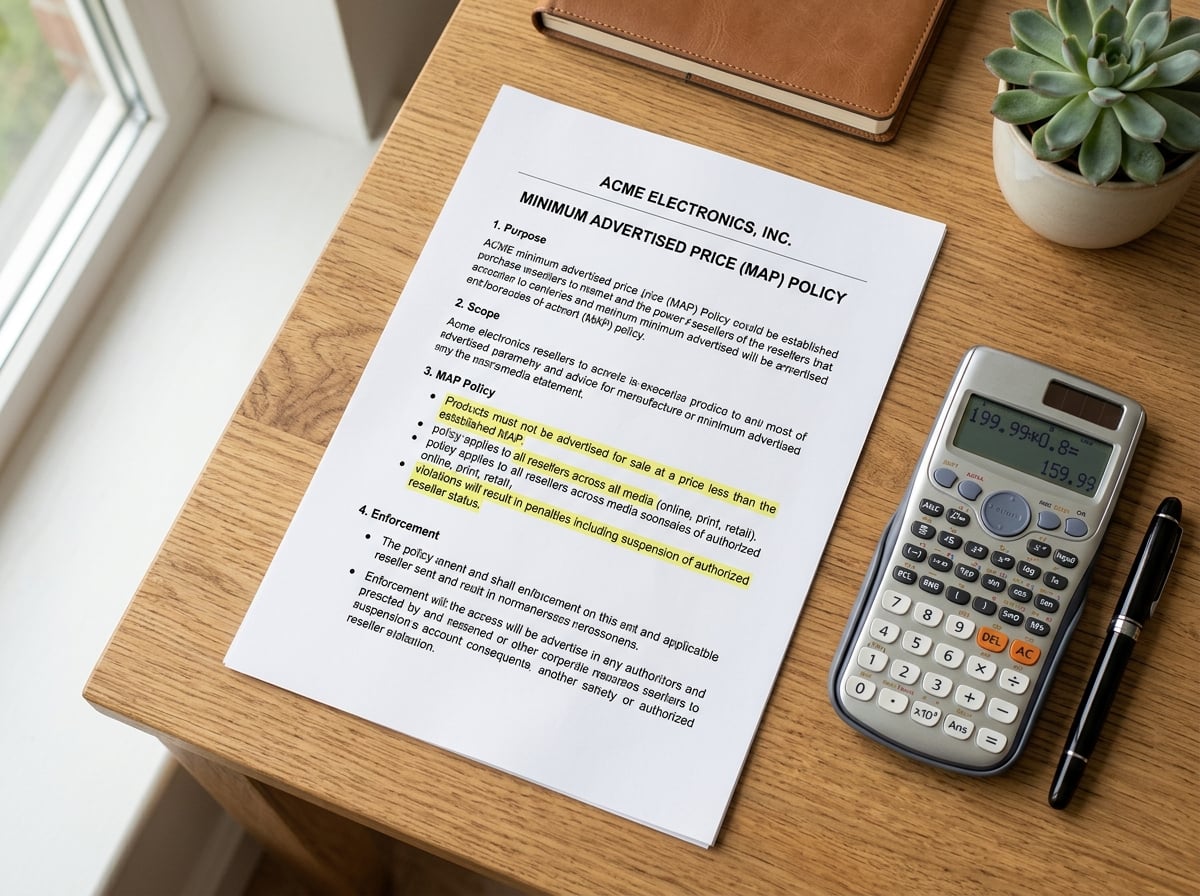 Printed MAP enforcement policy document with highlighted clauses next to a calculator on a wood desk