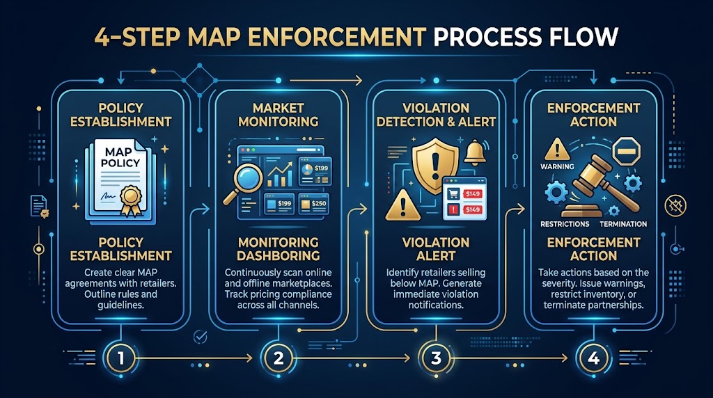 Four-step MAP enforcement process flow: set policy, communicate to partners, monitor channels, enforce violations