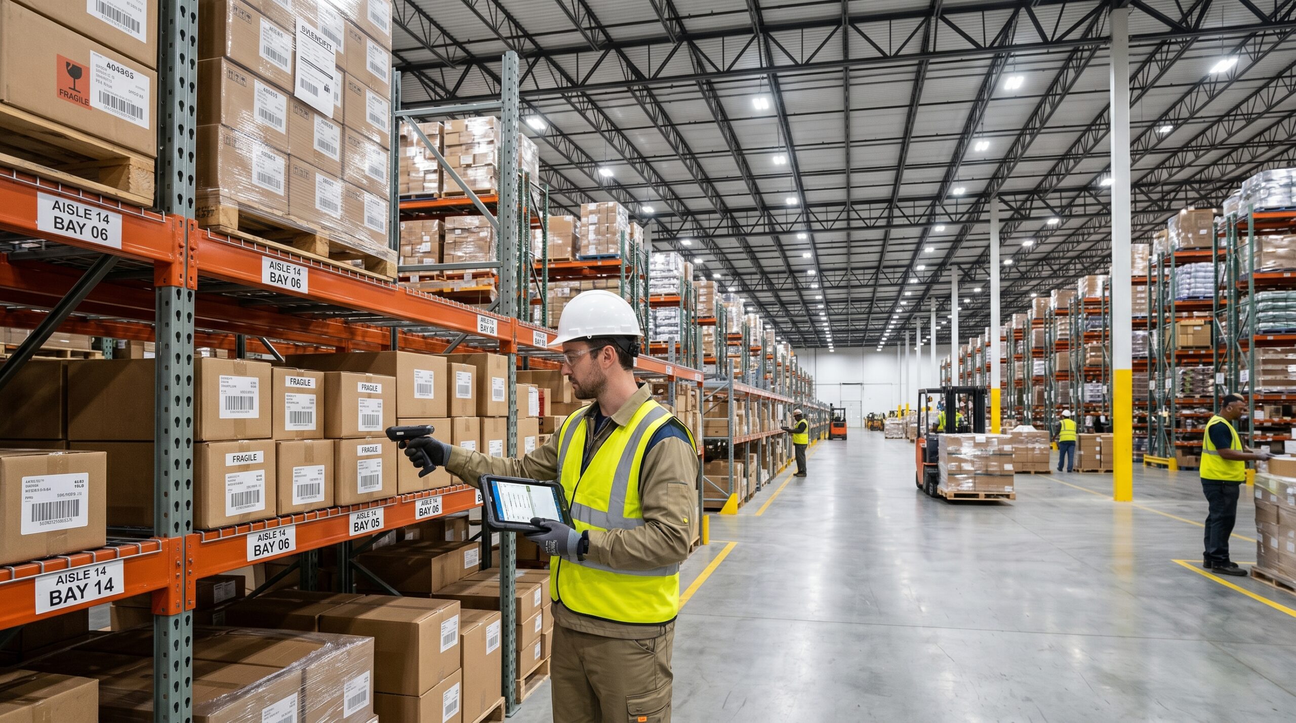 Commercial warehouse interior illuminated by LED high bay fixtures with worker inspecting inventory on tablet showing layered distributor protection