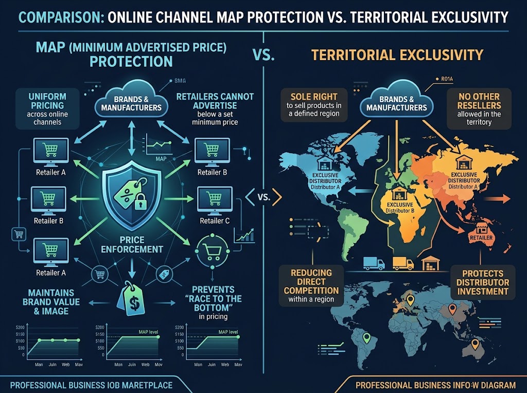 Comparison showing MAP protection blocking online price undercutting while territorial exclusivity blocks regional competitor overlap