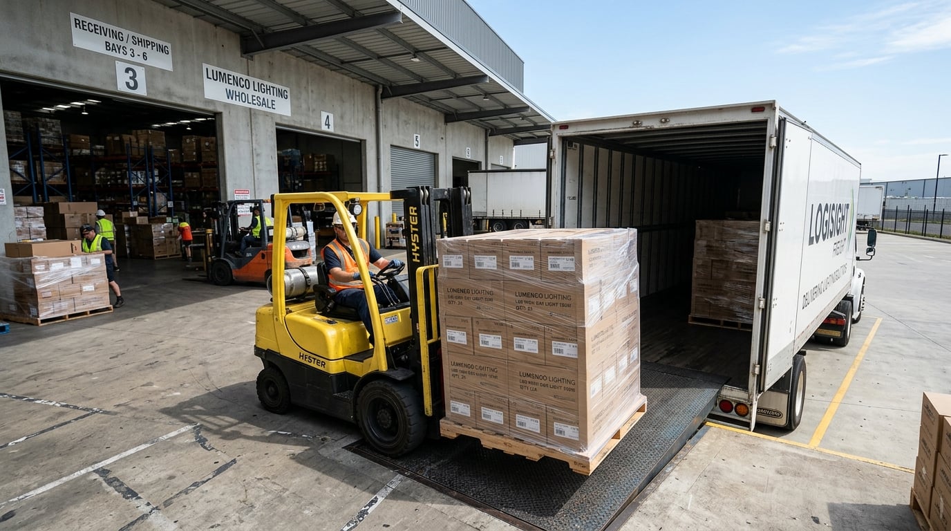 Wholesale LED lighting warehouse loading dock with shrink-wrapped pallets being loaded by a forklift