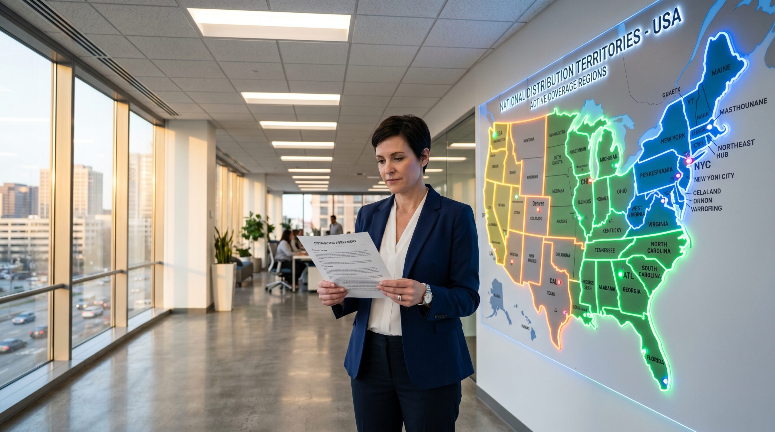 Business professional reviewing LED lighting distributor territory agreement in front of regional US map with commercial LED panel ceiling fixtures