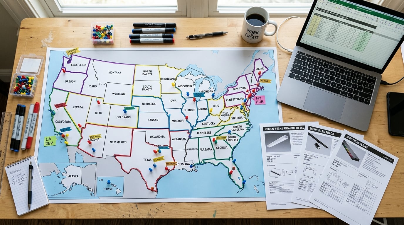 Flat-lay United States map with marker-drawn territory boundaries and pinned LED distributor zones