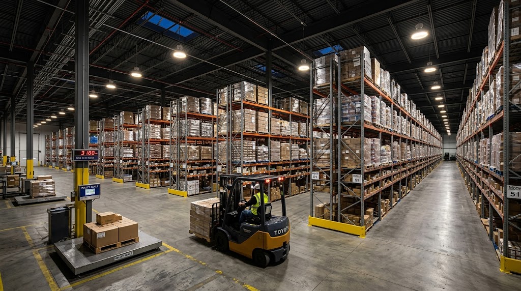 Distribution warehouse illuminated by LED high bay lights with organized shelving rows