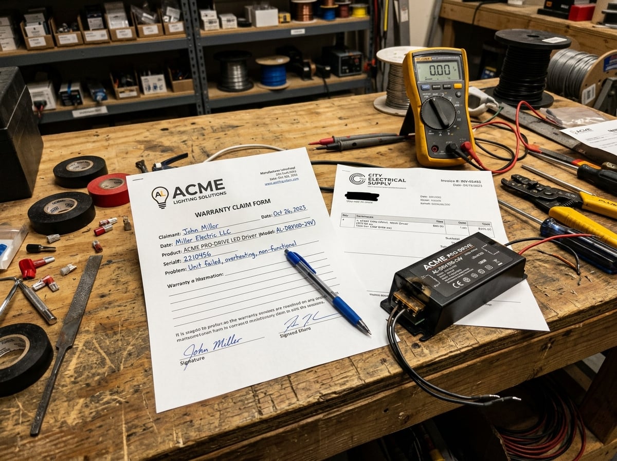 Warranty claim form, invoice, and a defective LED driver on an electrical contractor's workbench