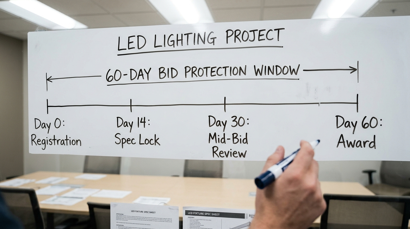 Whiteboard timeline diagram showing a 60-day bid protection window for an LED lighting project with milestones at Day 0 Registration, Day 14 Spec Lock, Day 30 Mid-Bid Review, and Day 60 Award