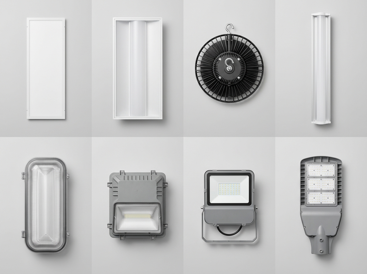 Eight commercial LED fixture types arranged in a clean studio grid: panel, troffer, UFO high bay, linear high bay, vapor tight, wall pack, flood light, pole light