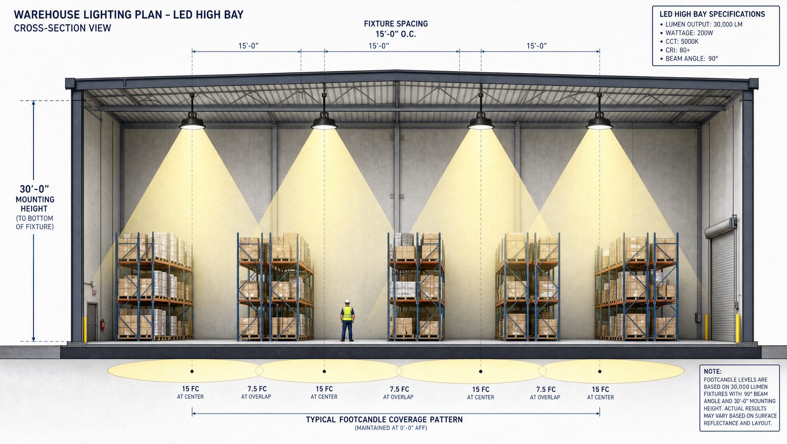 Architectural cross-section showing LED high bay fixtures spaced across a warehouse ceiling with overlapping light cones reaching the floor
