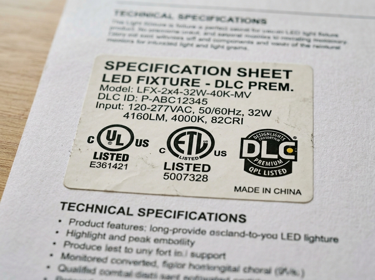 Close-up of DLC, UL, and ETL certification marks on an LED fixture spec sheet
