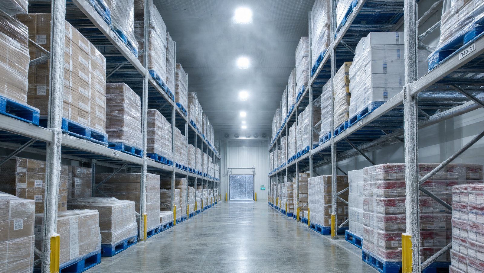 Refrigerated cold storage warehouse interior with frost-coated IP65-rated 200W LED high bay fixtures mounted at 28 feet above shrink-wrapped frozen pallets on tall steel racking with visible cold vapor near the ceiling