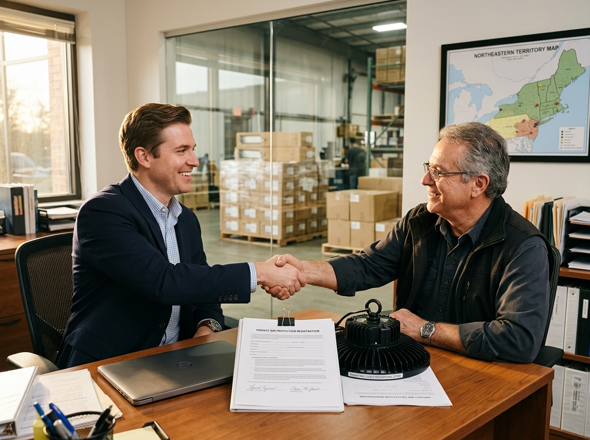 LED lighting distributor sales manager and a commercial electrical contractor shaking hands across a desk after closing on a bid protection registration with project documents on the desk