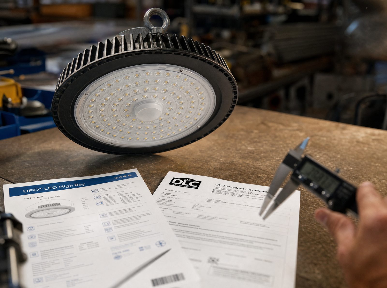 Engineer inspecting an LED high bay fixture next to its DLC certification documents and spec sheet