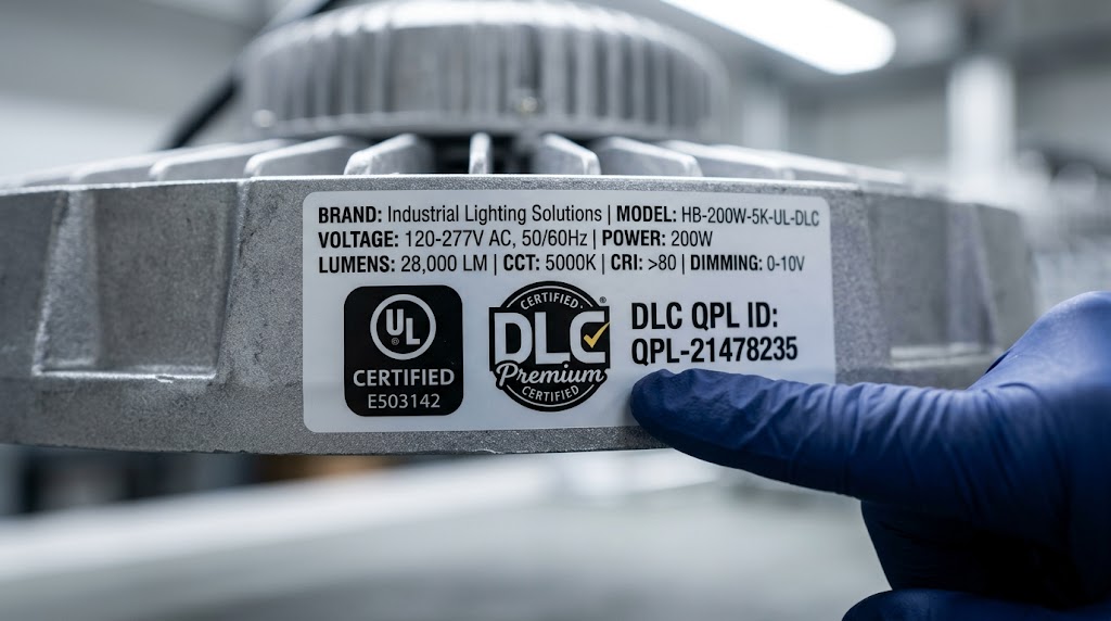 Close-up of an LED high bay fixture spec label showing DLC Premium, UL Listed, and DLC QPL ID