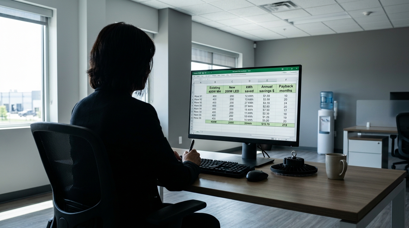 Facility manager seated at a clean modern desk reviewing an LED retrofit ROI spreadsheet on a large monitor with columns for existing 400W MH, new 200W LED, kWh saved, annual savings dollars, and payback months with a small UFO LED high bay fixture sample on the desk