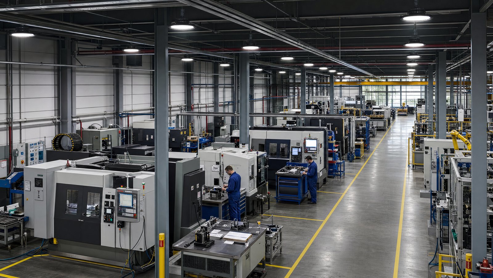 Clean modern manufacturing plant floor with rows of 200W LED UFO high bay fixtures mounted at 22 feet above CNC machines and a partial assembly line with two factory workers in blue coveralls and safety glasses working at stations