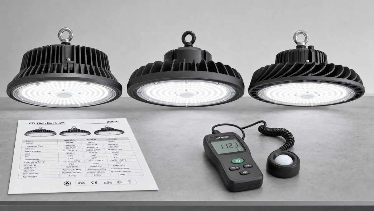 Three round UFO 200W LED high bay light fixtures lined up illuminated on an industrial test bench with a printed spec sheet and a digital lux meter in the foreground against a neutral gray backdrop