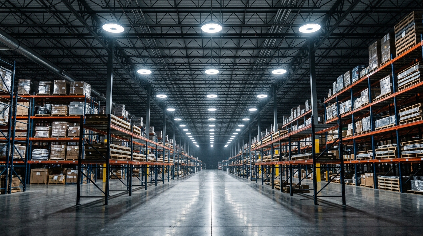Industrial warehouse interior at night with rows of round UFO 200W LED high bay light fixtures hanging from a high steel-truss ceiling and illuminating tall pallet racking aisles