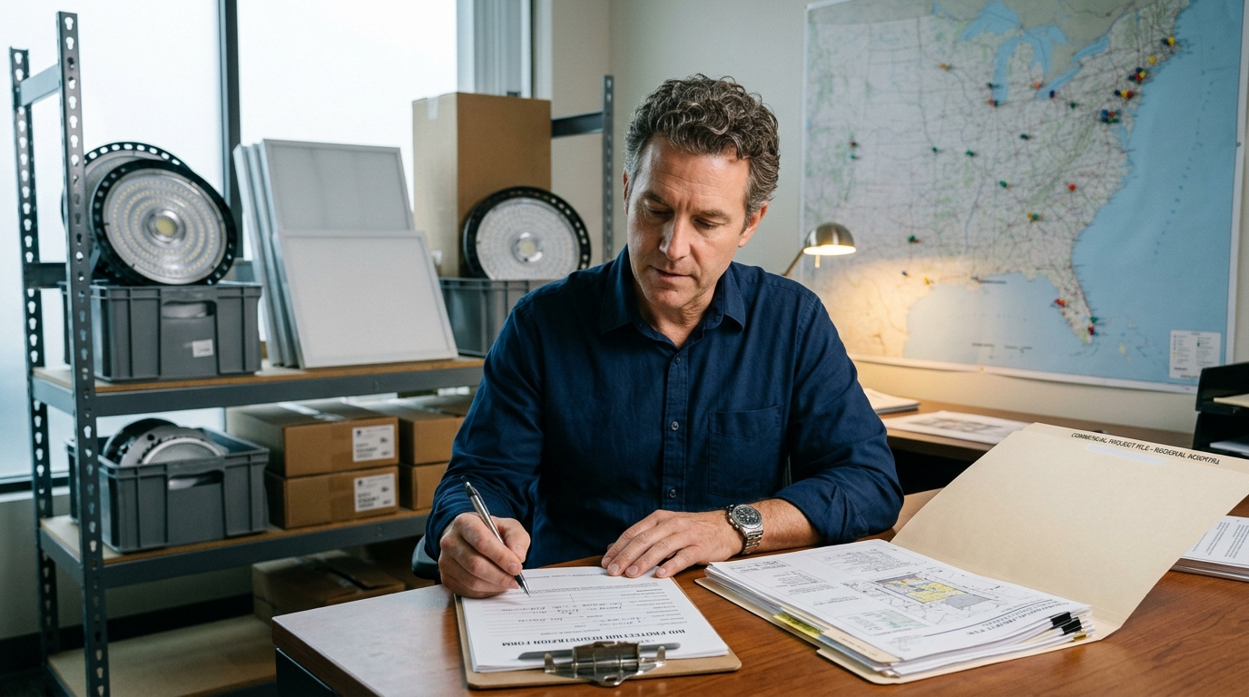 Wholesale LED lighting distributor manager at a quote desk reviewing a bid protection registration form on a clipboard with sample fixtures and a regional map behind him
