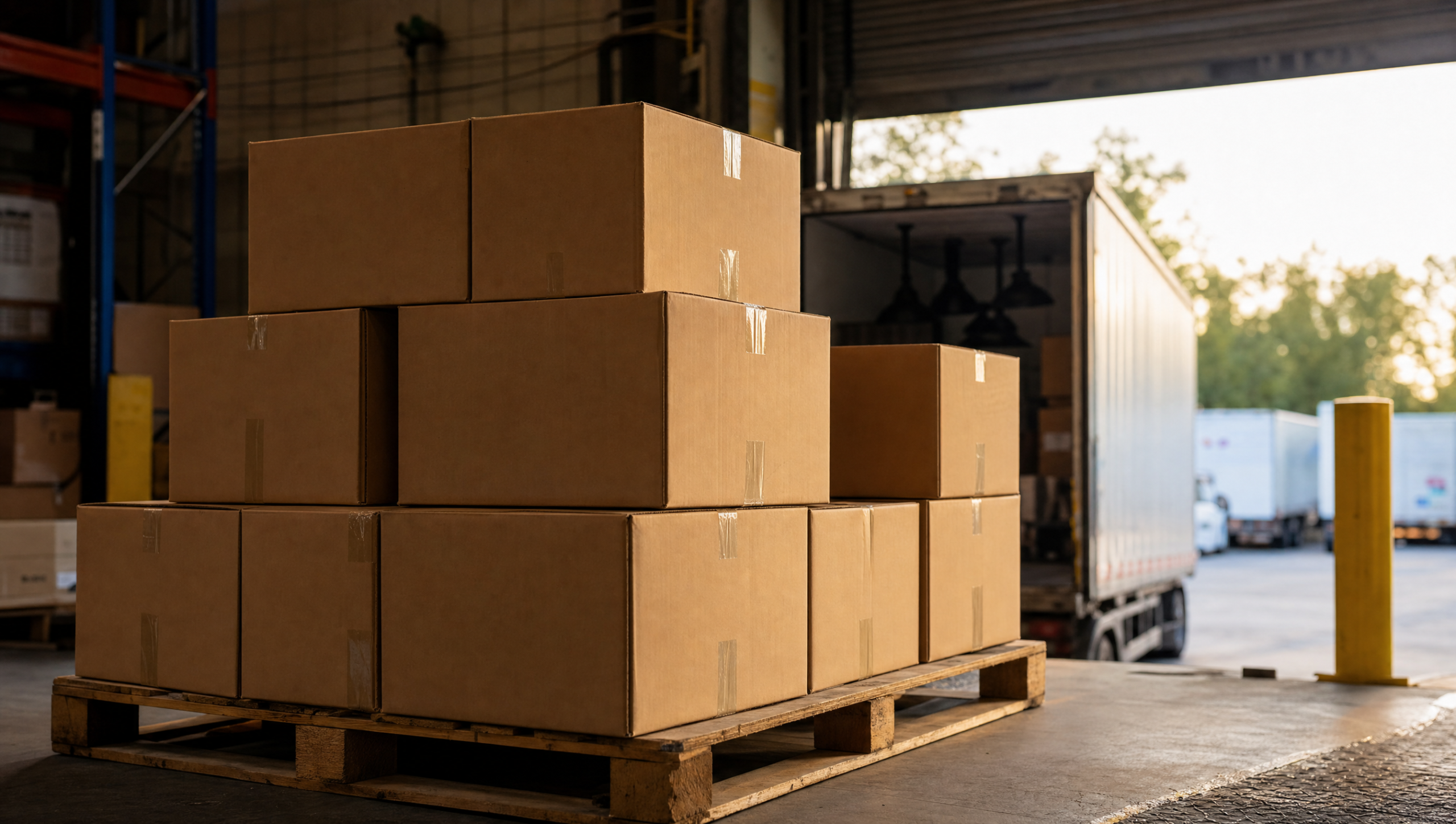 Stack of unbranded brown shipping cartons on a wholesale lighting warehouse loading dock under warm golden hour light
